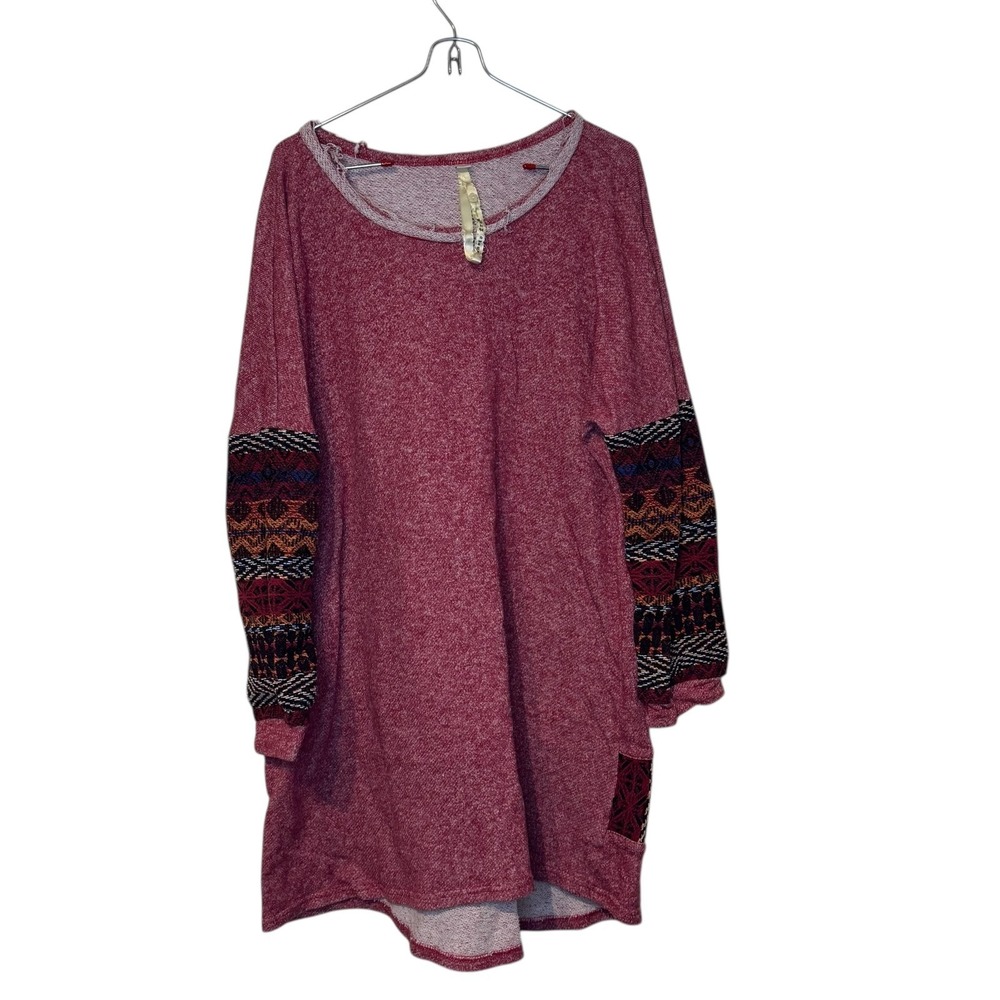 Uncle Frank Women's Top Tunic Embroidered Sleeves Crewneck Relaxed Fit Red Large